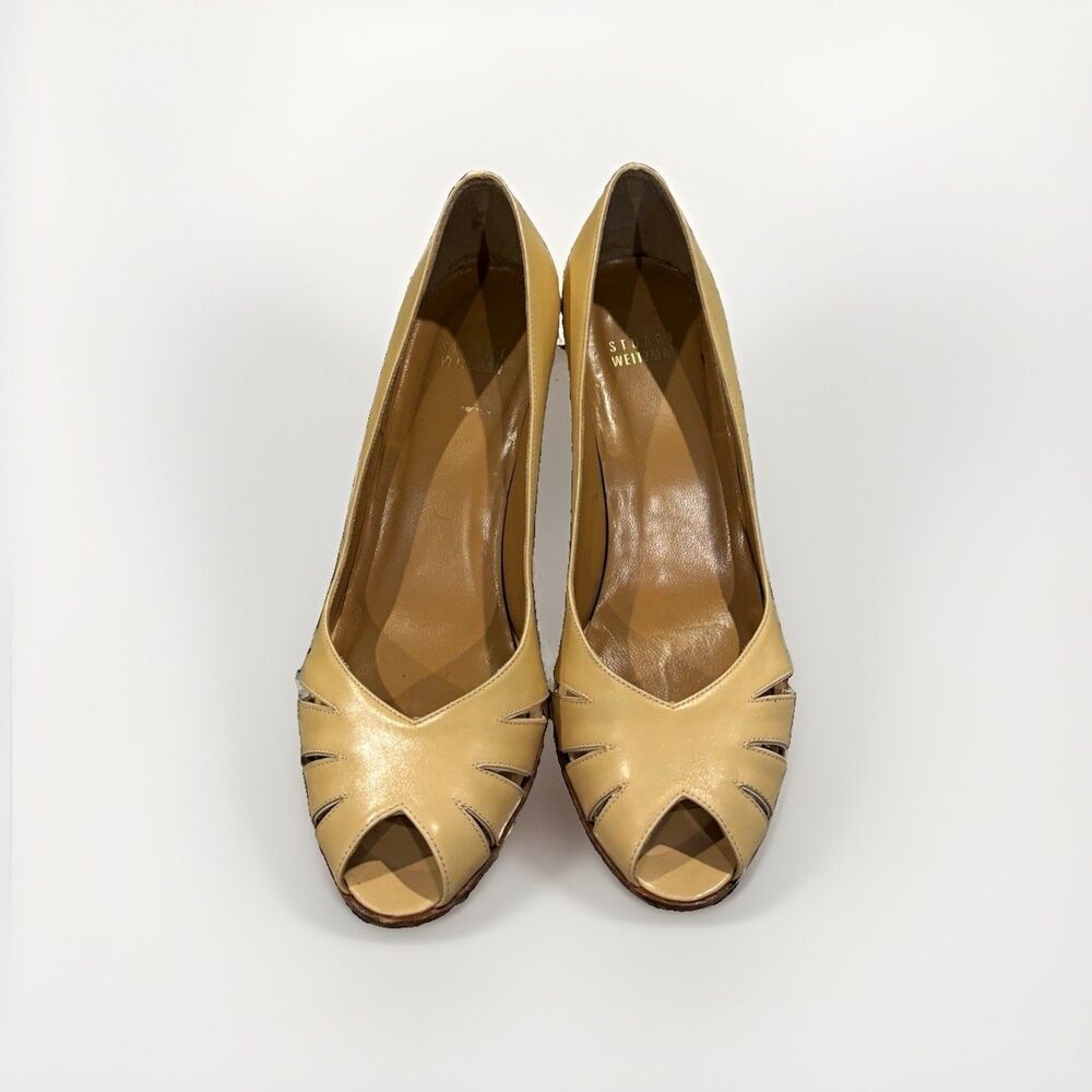 Stuart Weitzman Leather Beige Peep Toe Cutout Block Heel Pumps Women's US 8M